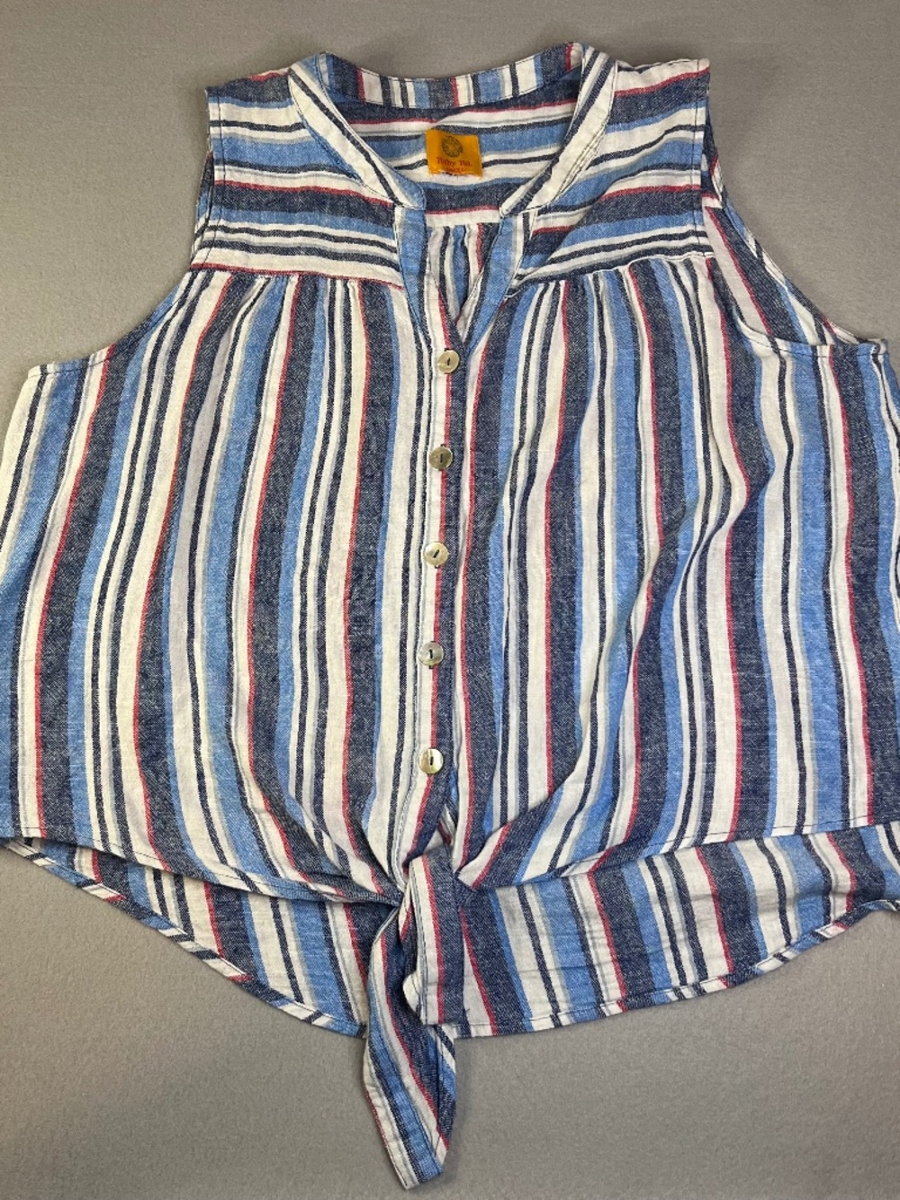 Ruby Rd. Striped Sleeveless buttons, Tie Front. Women's Petite Large. Blue White